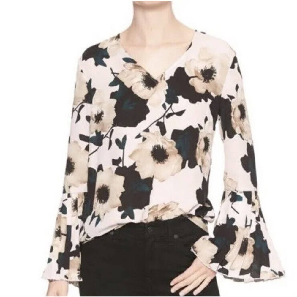 Banana Republic Pink Floral Pleated Bell Sleeve Blouse- Size M Petite